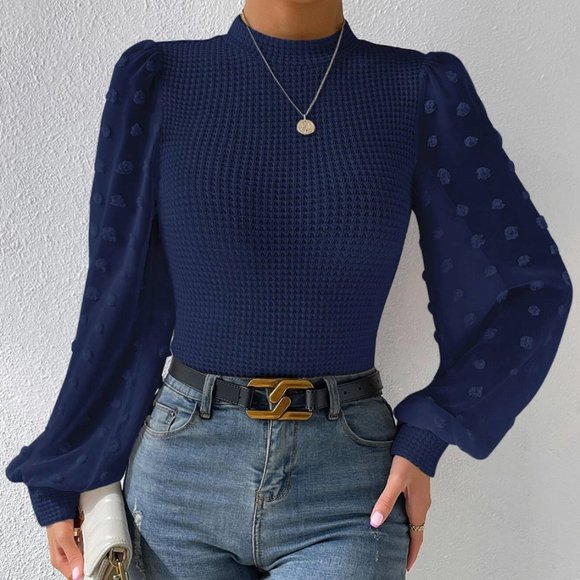 Swiss Dot Lantern Sleeve Mock Neck Top - Picture 1 of 6